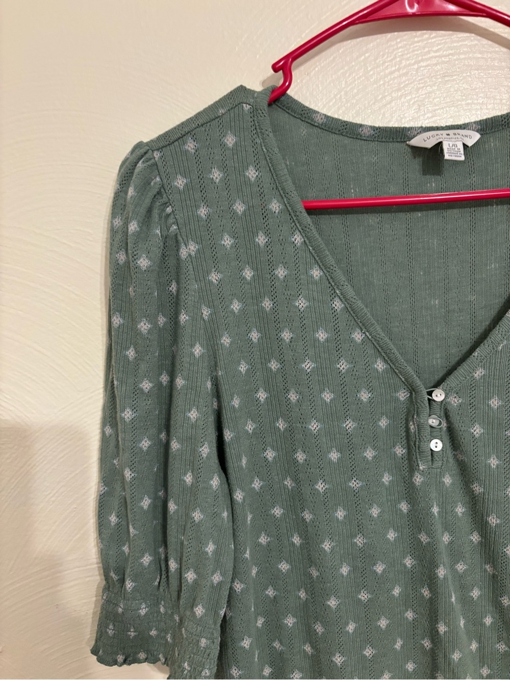 Lucky Brand Sage Green Pointelle Knit Peasant Top Large Boho 3/4 Puff Sleeve - Picture 6 of 8